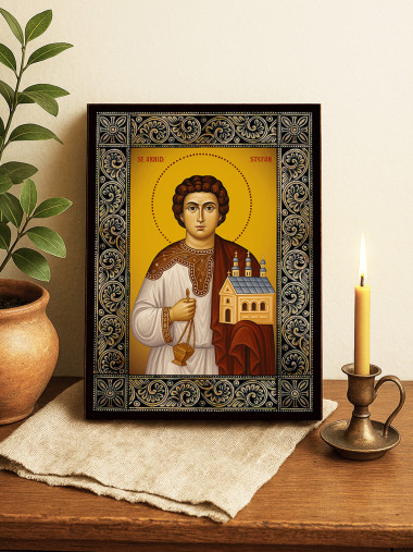 Icoană cu Sfântul Ștefan cu ramă decorativă cu motive florale