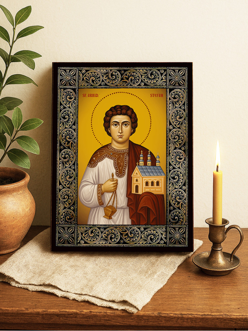 Icoană cu Sfântul Ștefan cu ramă decorativă cu motive florale