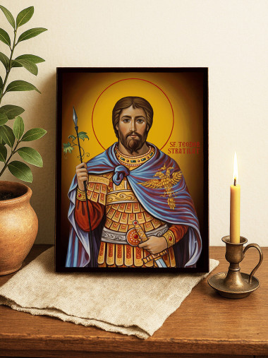 Icoană ortodoxă cu Sfântul Teodor Stratilat cu fundal galben luminos