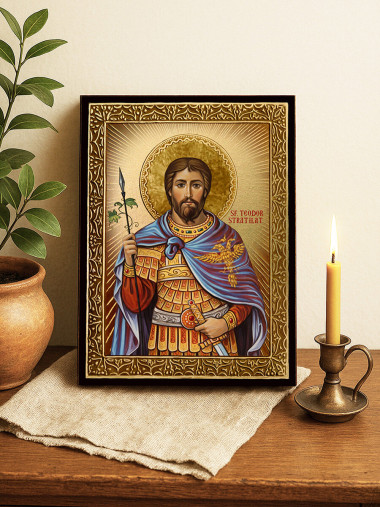 Icoană aurită cu Sfântul Teodor Stratilat cu raze decorative