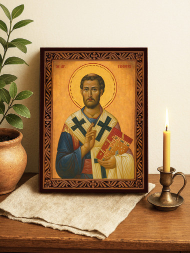 Icoană cu Sfântul Timotei cu ramă decorativă rustică