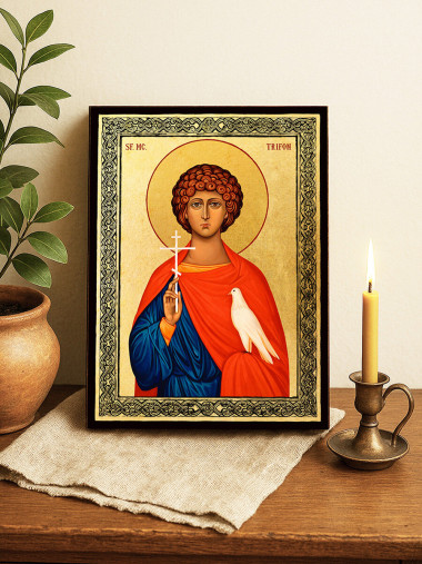Icoană aurită cu Sfântul Trifon cu fundal auriu și ramă decorativă