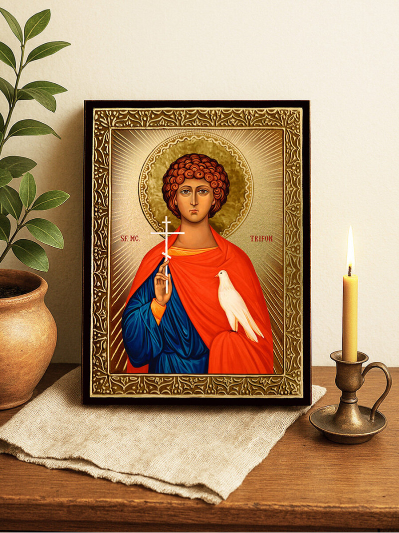 Icoană cu Sfântul Trifon cu raze aurii decorative