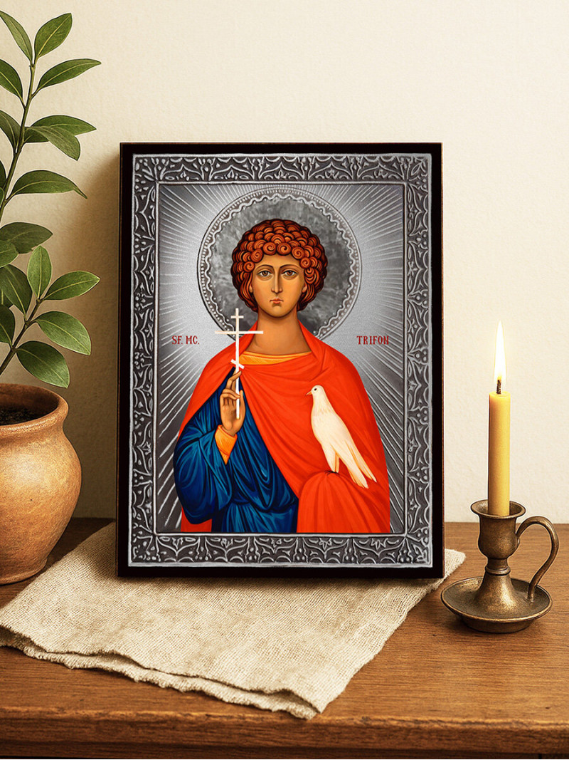 Icoană cu Sfântul Trifon cu raze argintii decorative