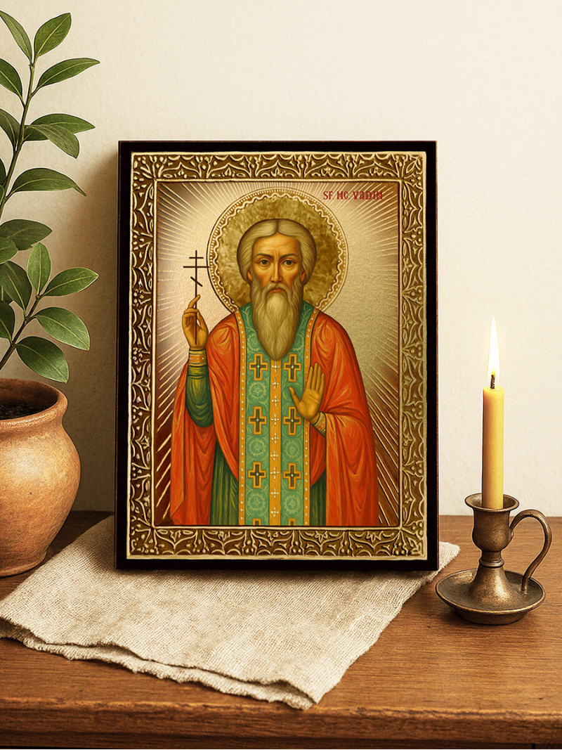 Icoană cu Sfântul Vadim cu raze aurii decorative