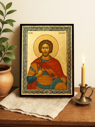 Icoană aurită cu Sfântul Valeriu și ramă decorativă