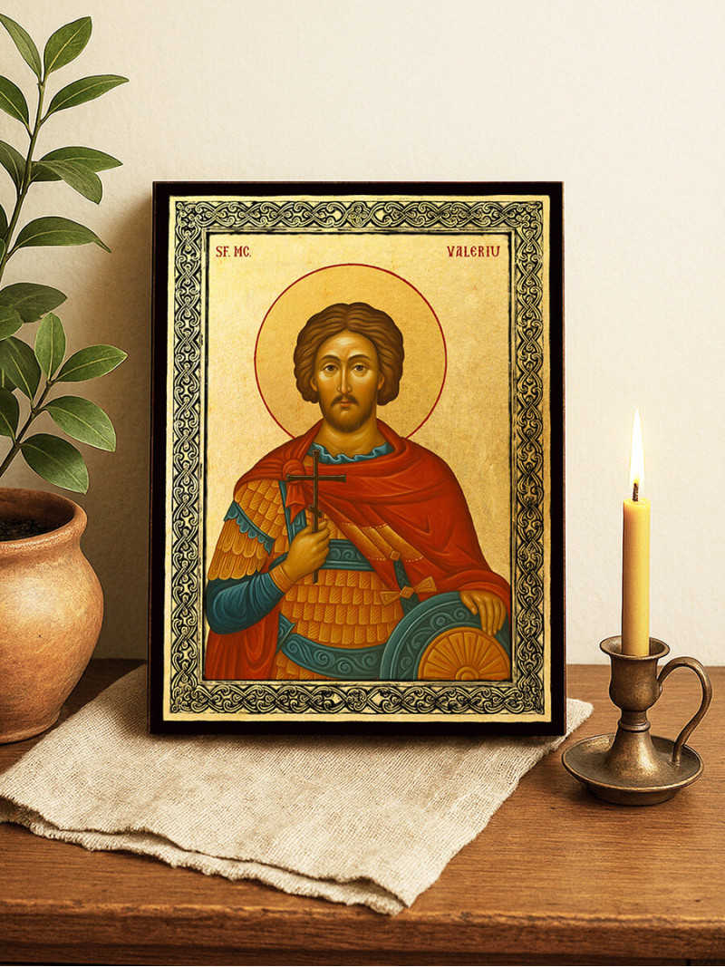 Icoană aurită cu Sfântul Valeriu și ramă decorativă