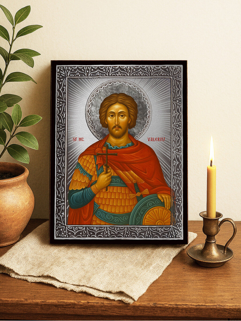 Icoană cu Sfântul Valeriu cu raze argintii decorative