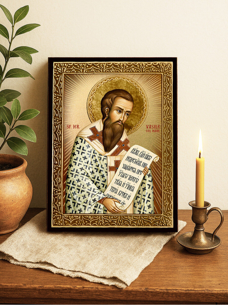 Icoană cu Sfântul Vasile cu raze aurii decorative