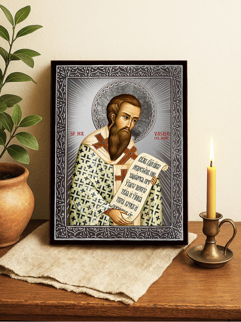 Icoană cu Sfântul Vasile cu raze argintii decorative