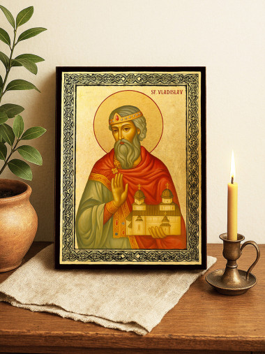 Icoană aurită cu Sfântul Vladislav și ramă decorativă