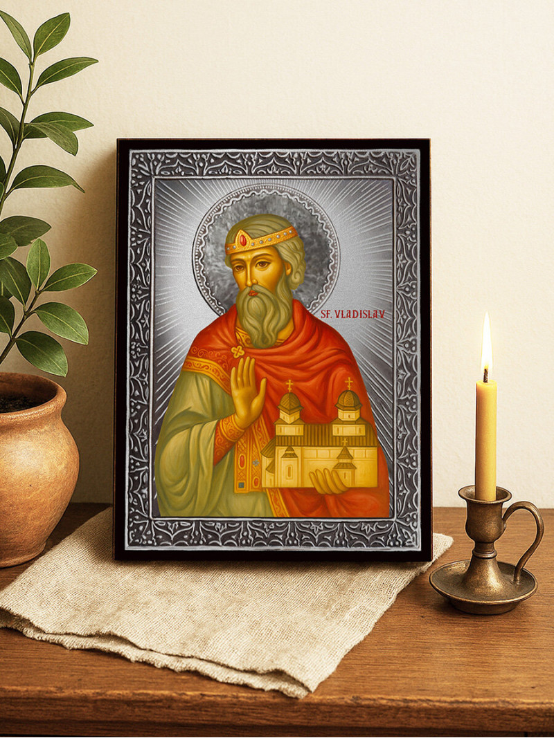Icoană cu Sfântul Vladislav cu raze argintii decorative