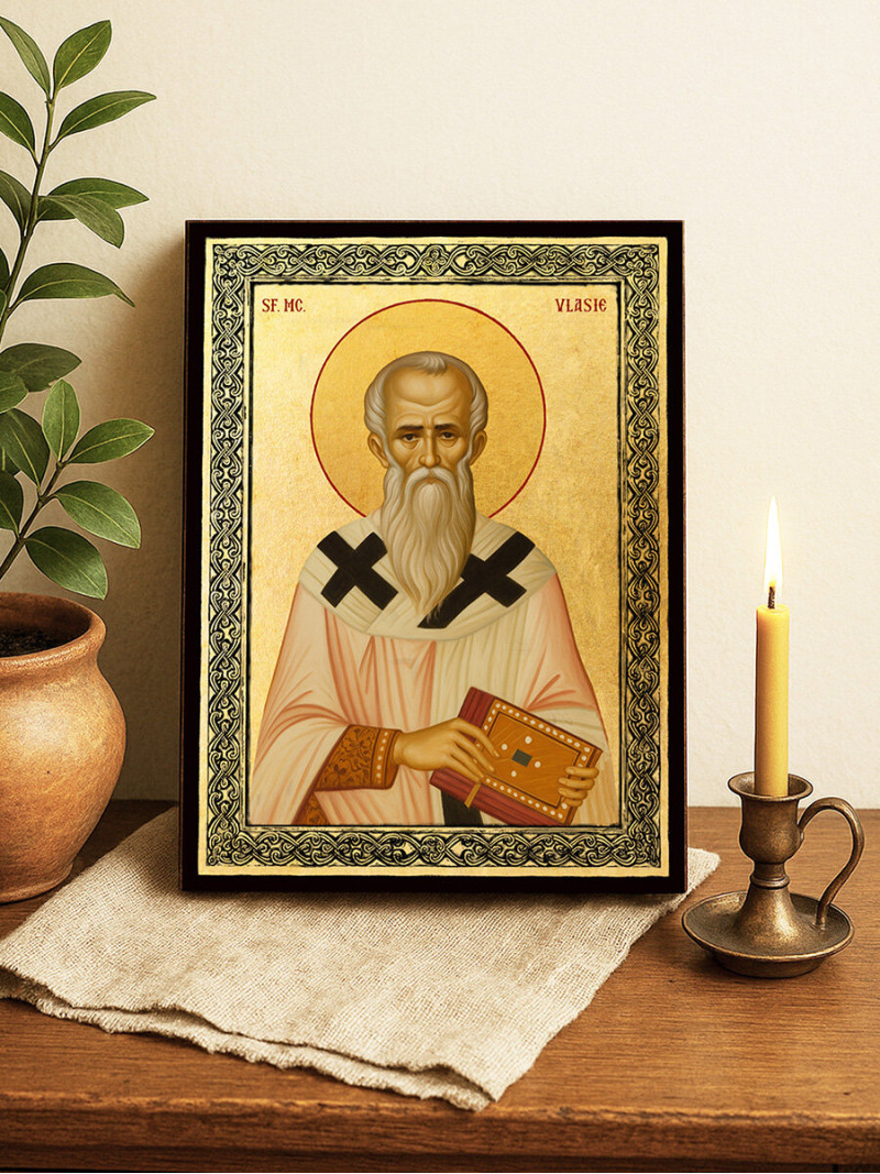Icoană aurită cu Sfântul Vlasie și ramă decorativă