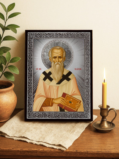 Icoană cu Sfântul Vlasie cu raze argintii decorative
