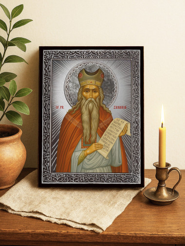 Icoană din argint cu Sfântul Zaharia și raze decorative