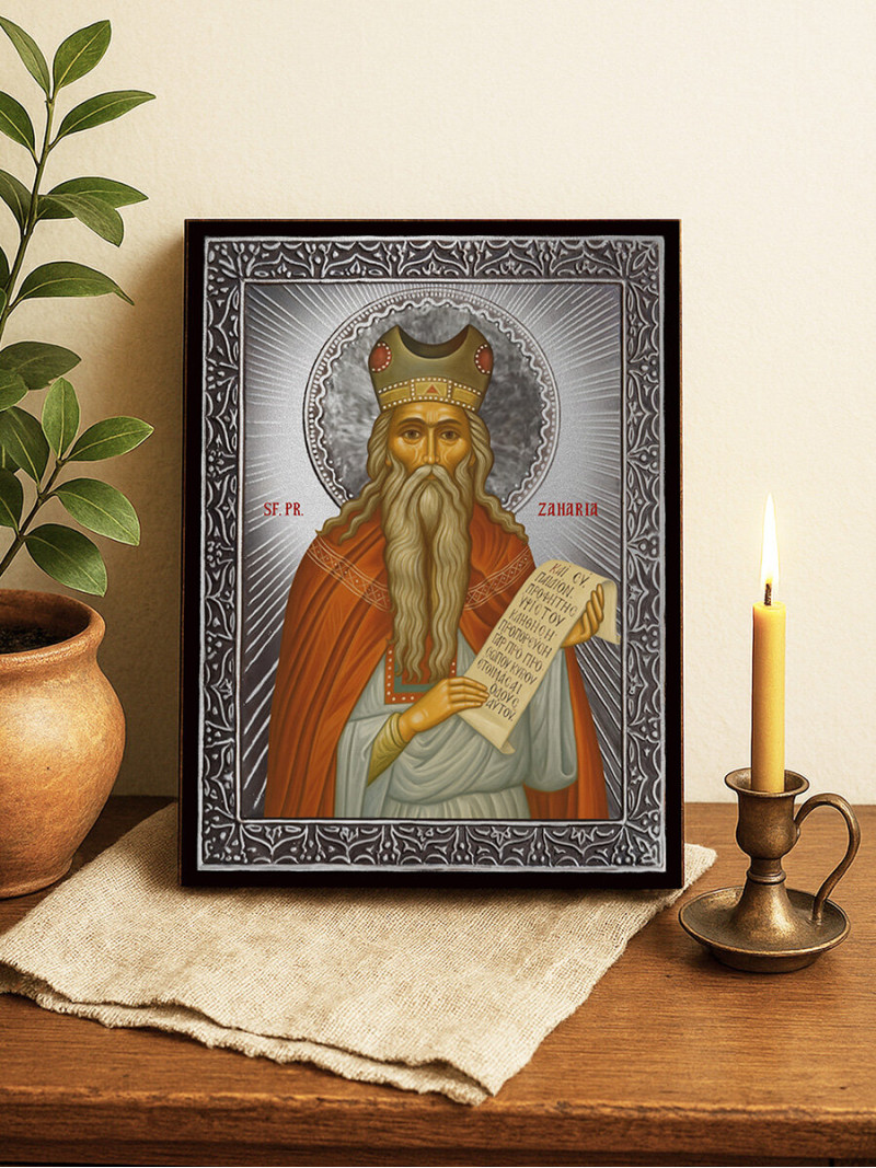 Icoană din argint cu Sfântul Zaharia și raze decorative