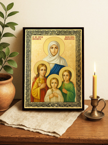 Icoană aurită cu Sfintele Mucenițe Sofia, Credința, Nădejdea și Dragostea și ramă decorativă
