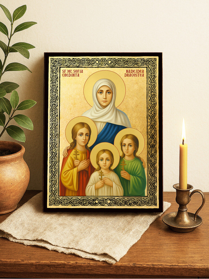 Icoană aurită cu Sfintele Mucenițe Sofia, Credința, Nădejdea și Dragostea și ramă decorativă