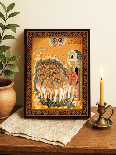 Icoană ortodoxă cu Sfinții 40 de Mucenici cu ramă decorativă stil sculptat