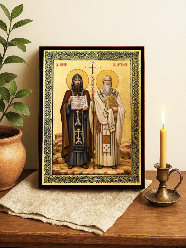 Icoană aurită cu Sfinții Chiril și Metodiu și ramă decorativă