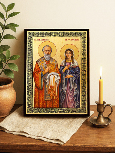 Icoană aurită cu Sfinții Ciprian și Iustina și ramă decorativă