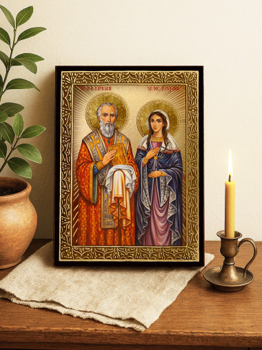 Icoană cu Sfinții Ciprian și Iustina cu raze aurii decorative