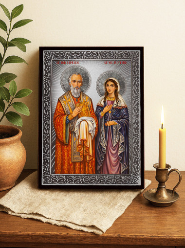 Icoană cu Sfinții Ciprian și Iustina cu raze argintii decorative