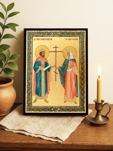 Icoană aurită cu Sfinții Constantin și Elena și ramă decorativă