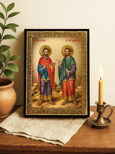 Icoană cu Sfinții Cozma și Damian cu raze aurii decorative