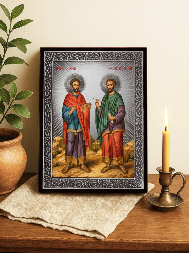 Icoană cu Sfinții Cozma și Damian cu raze argintii decorative