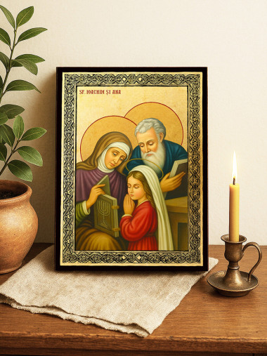 Icoană aurită cu Sfinții Ioachim și Ana și ramă decorativă