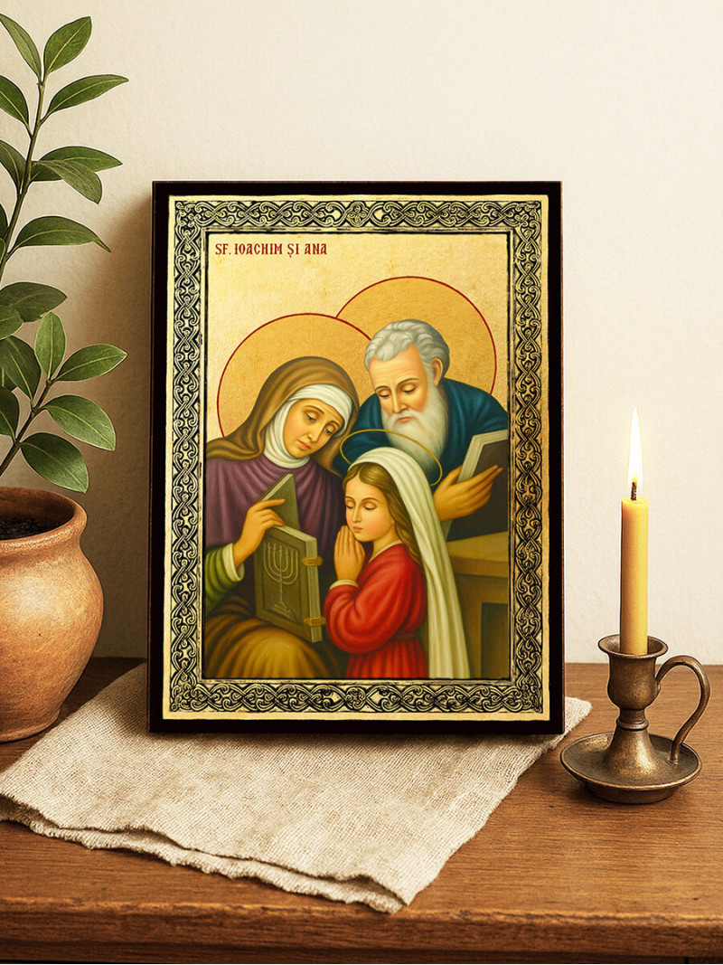 Icoană aurită cu Sfinții Ioachim și Ana și ramă decorativă
