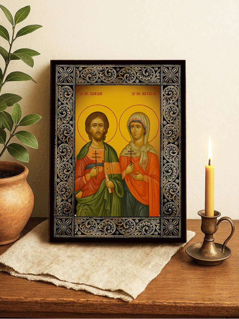 Icoană cu Sfinții Mucenici Adrian și Natalia cu ramă florală decorativă