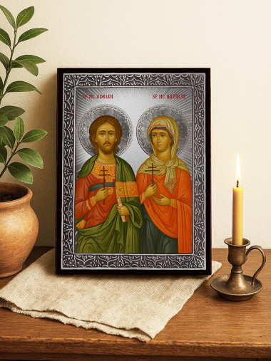 Icoană cu Sfinții Mucenici Adrian și Natalia cu raze argintii decorative