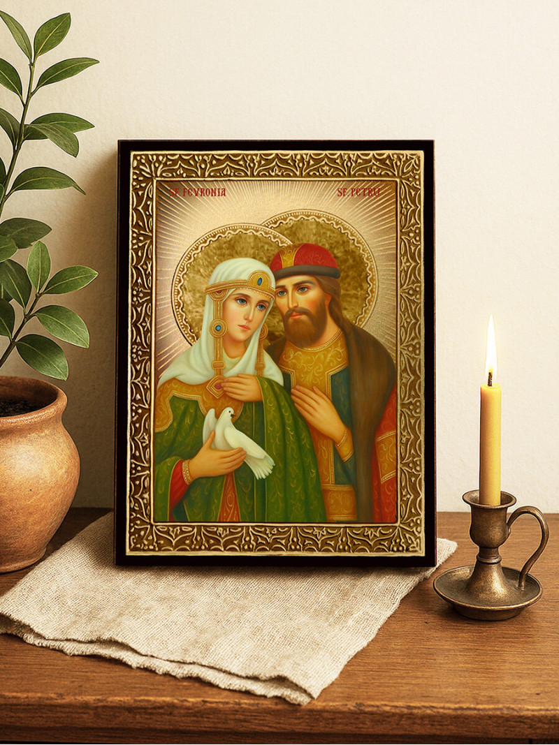 Icoană cu Sfinții Petru și Fevronia cu raze aurii decorative