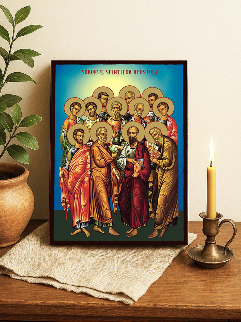 Icoană cu Soborul Sfinților Apostoli cu fundal ceresc