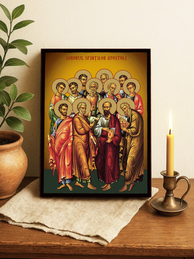 Icoană ortodoxă cu Soborul Sfinților Apostoli cu fundal galben luminos