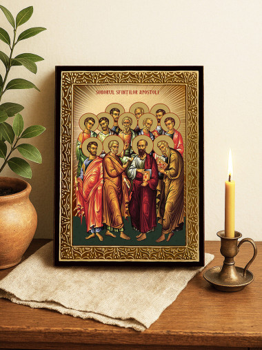 Icoană aurită cu Soborul Sfinților Apostoli cu raze decorative