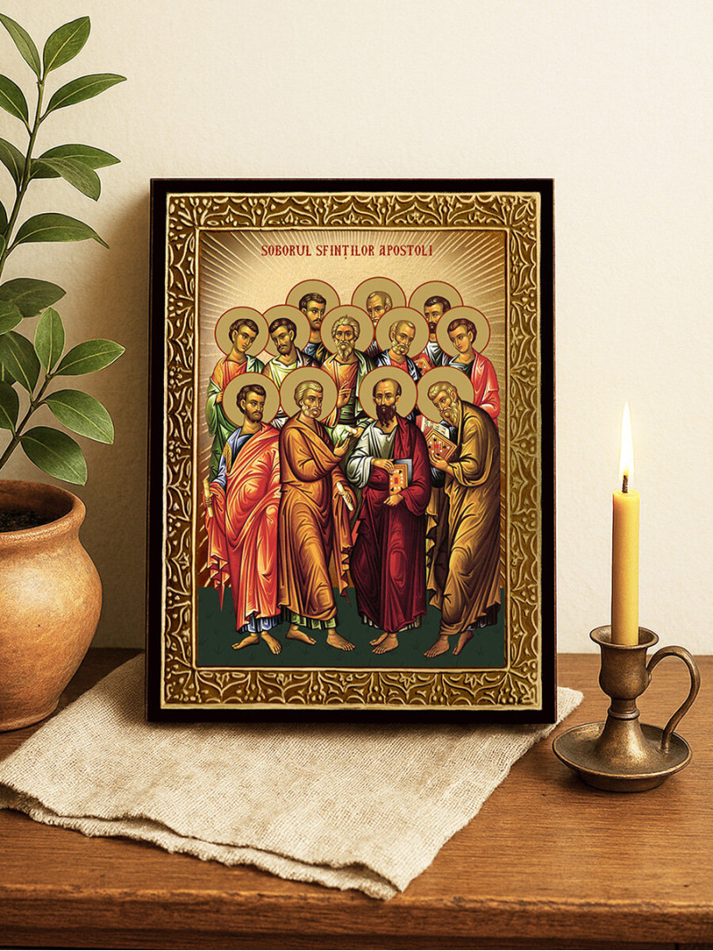 Icoană aurită cu Soborul Sfinților Apostoli cu raze decorative