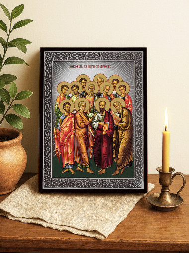Icoană din argint cu Soborul Sfinților Apostoli cu raze argintii