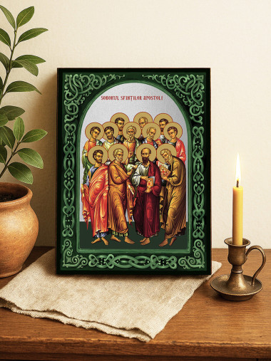 Icoană cu Soborul Sfinților Apostoli cu arcadă florală verde și fundal argintiu