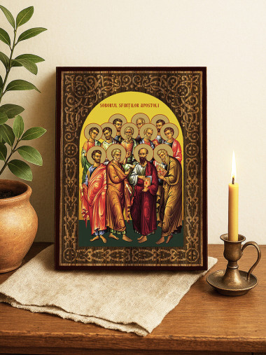 Icoană cu Soborul Sfinților Apostoli cu arcadă florală cu textură de lemn