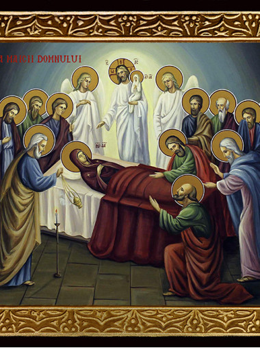 Icoană a Adormirii Maicii Domnului cu ramă aurie