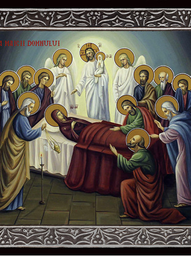 Icoană a Adormirii Maicii Domnului cu ramă argintie