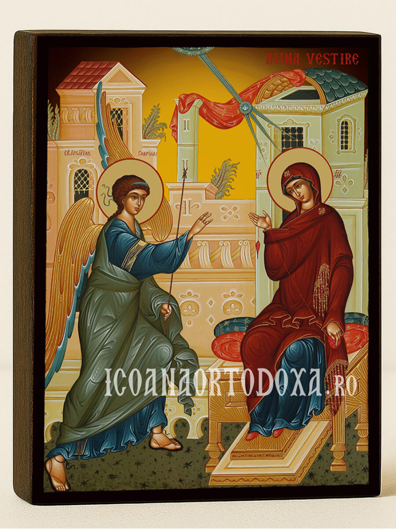 Icoană ortodoxă cu Buna Vestire cu fundal galben luminos