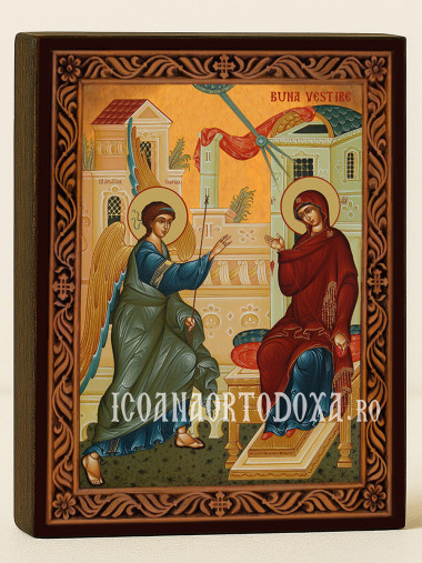 Icoană ortodoxă cu Buna Vestire cu ramă decorativă stil sculptat