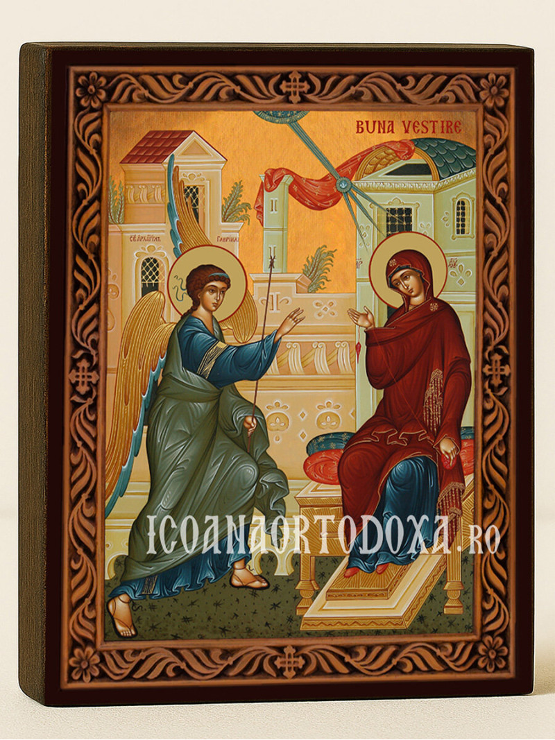 Icoană ortodoxă cu Buna Vestire cu ramă decorativă stil sculptat