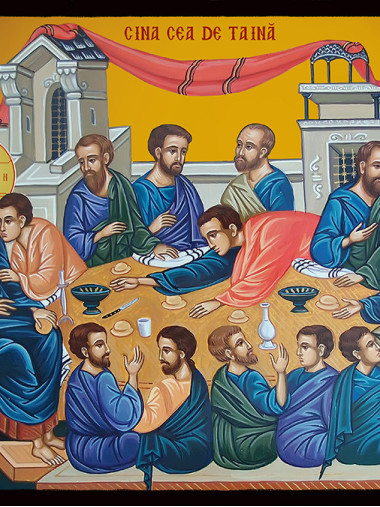 Icoană ortodoxă cu Cina cea de Taină cu fundal galben luminos