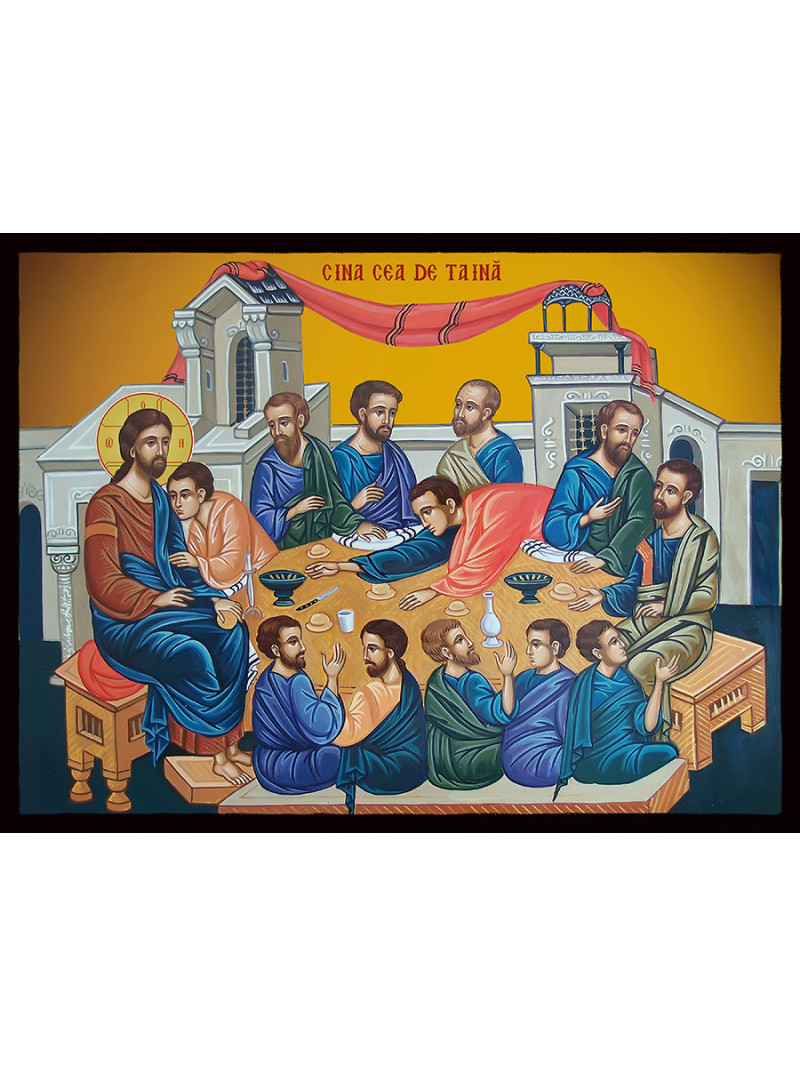 Icoană ortodoxă cu Cina cea de Taină cu fundal galben luminos