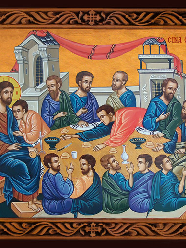 Icoană ortodoxă cu Cina cea de Taină cu ramă decorativă stil sculptat